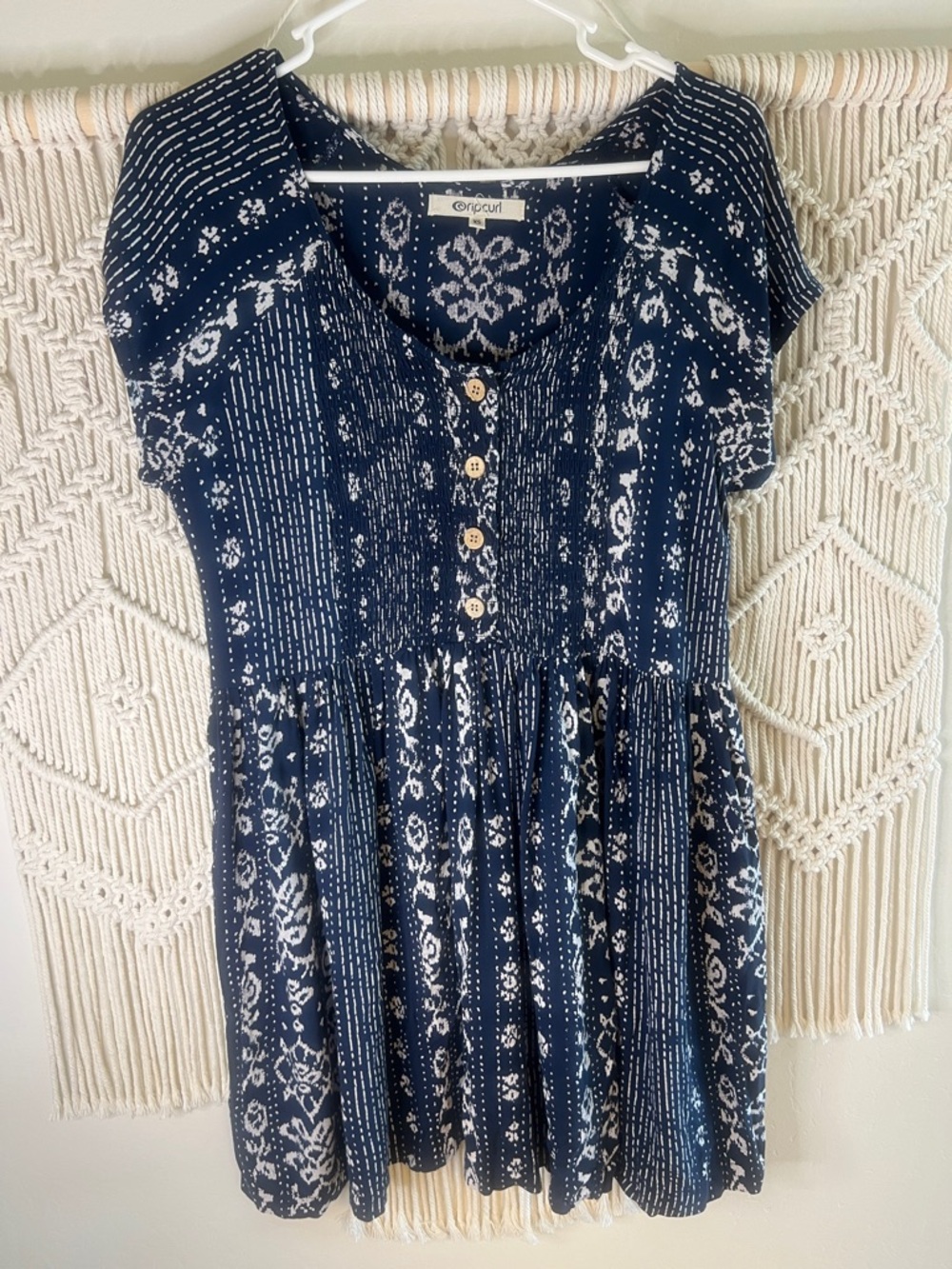 Rip Curl Navy and White Printed Button-Front Sundress